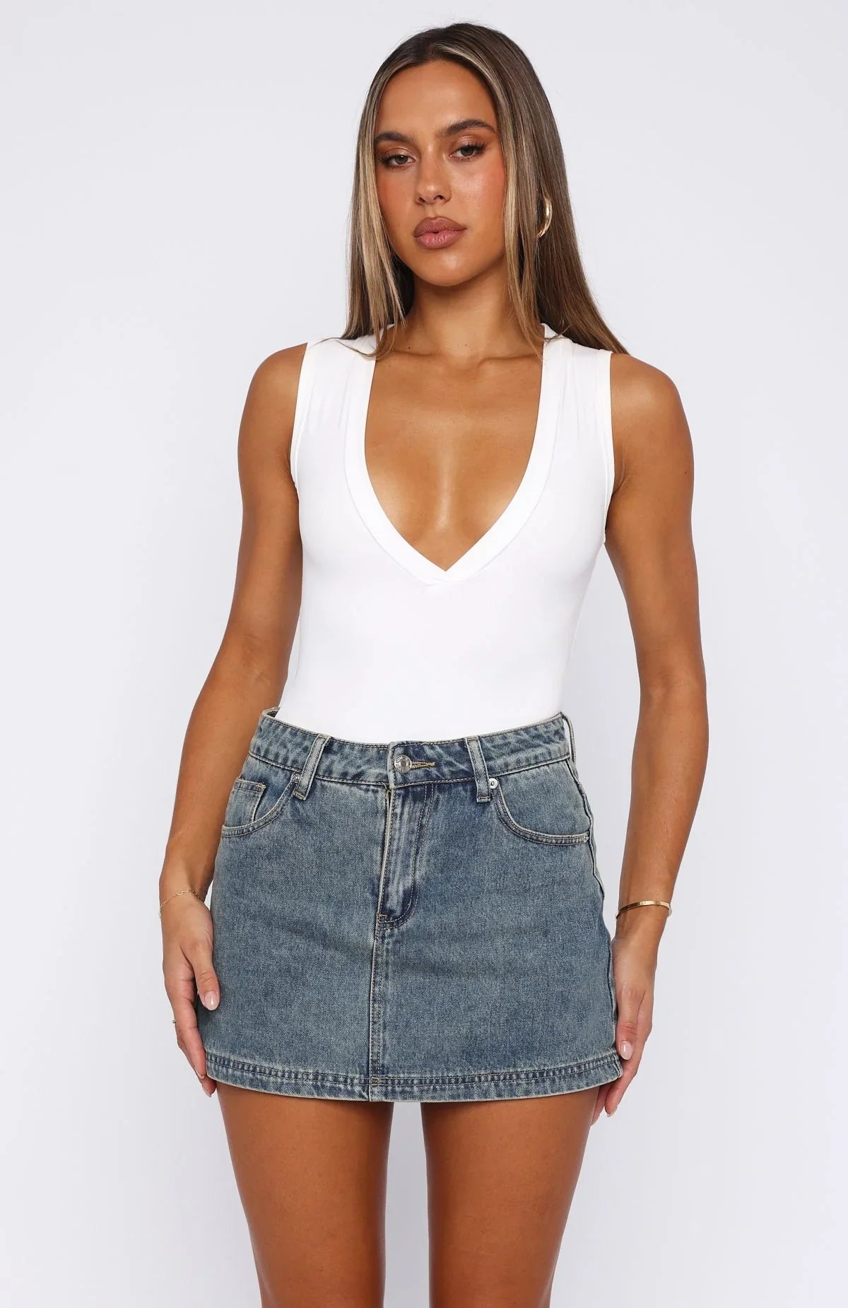Don't Leave Me Denim Skort Brown Blue Acid