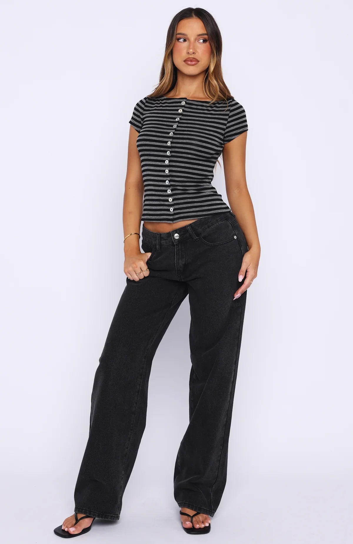 You Were Right Striped Button Up Top Dark Grey/Black Stripe